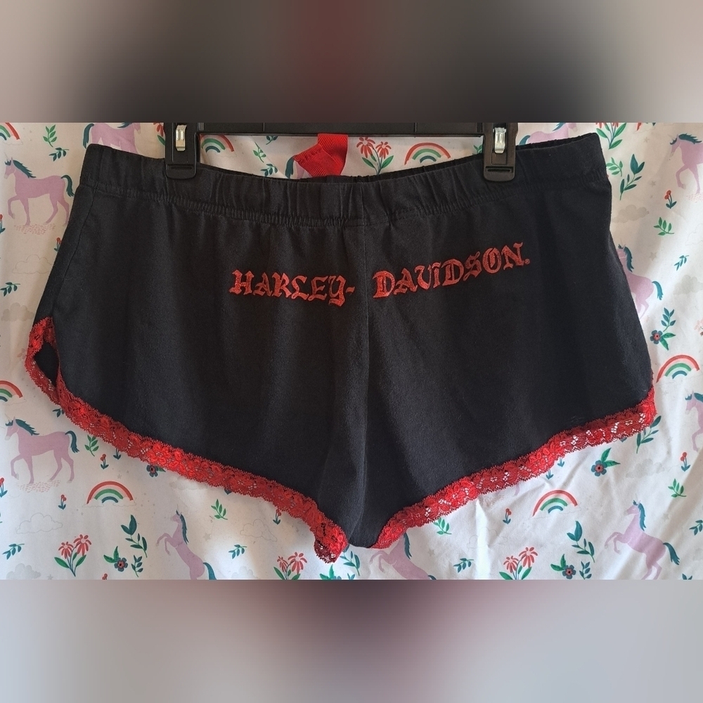 EUC Vintage 90s Harley Davidson Black Cotton Blend & Red Lace Booty Short SZ XL - Picture 2 of 6